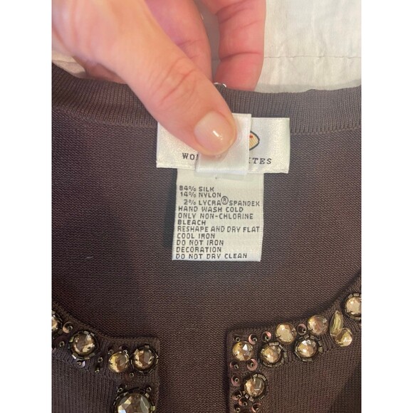 Talbots Silk Sweater Plus Size Petite Brown Beaded Tight Knit - Picture 7 of 12